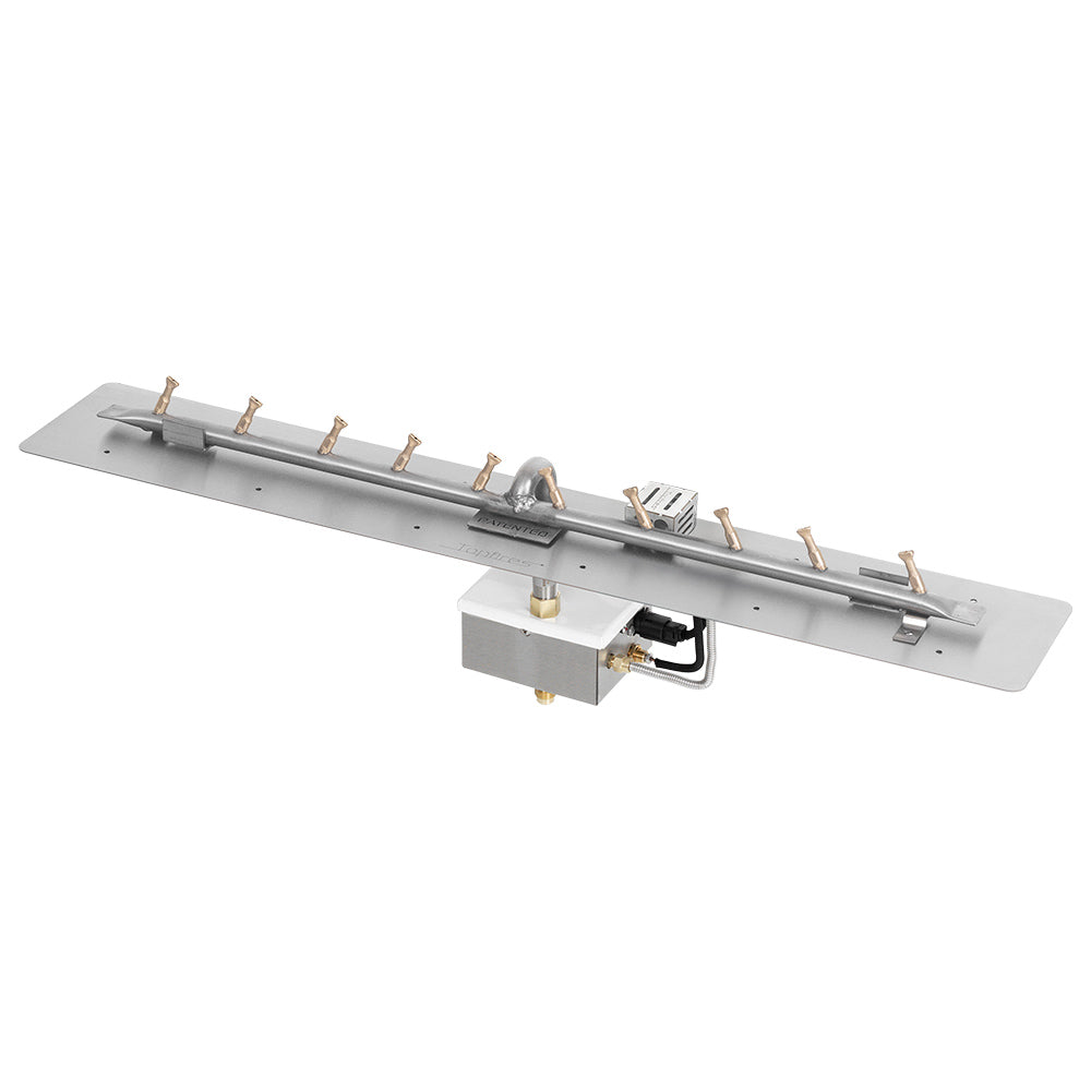 Linear gas fire pit burner kit with long metal pan, brass ports, and ignition components