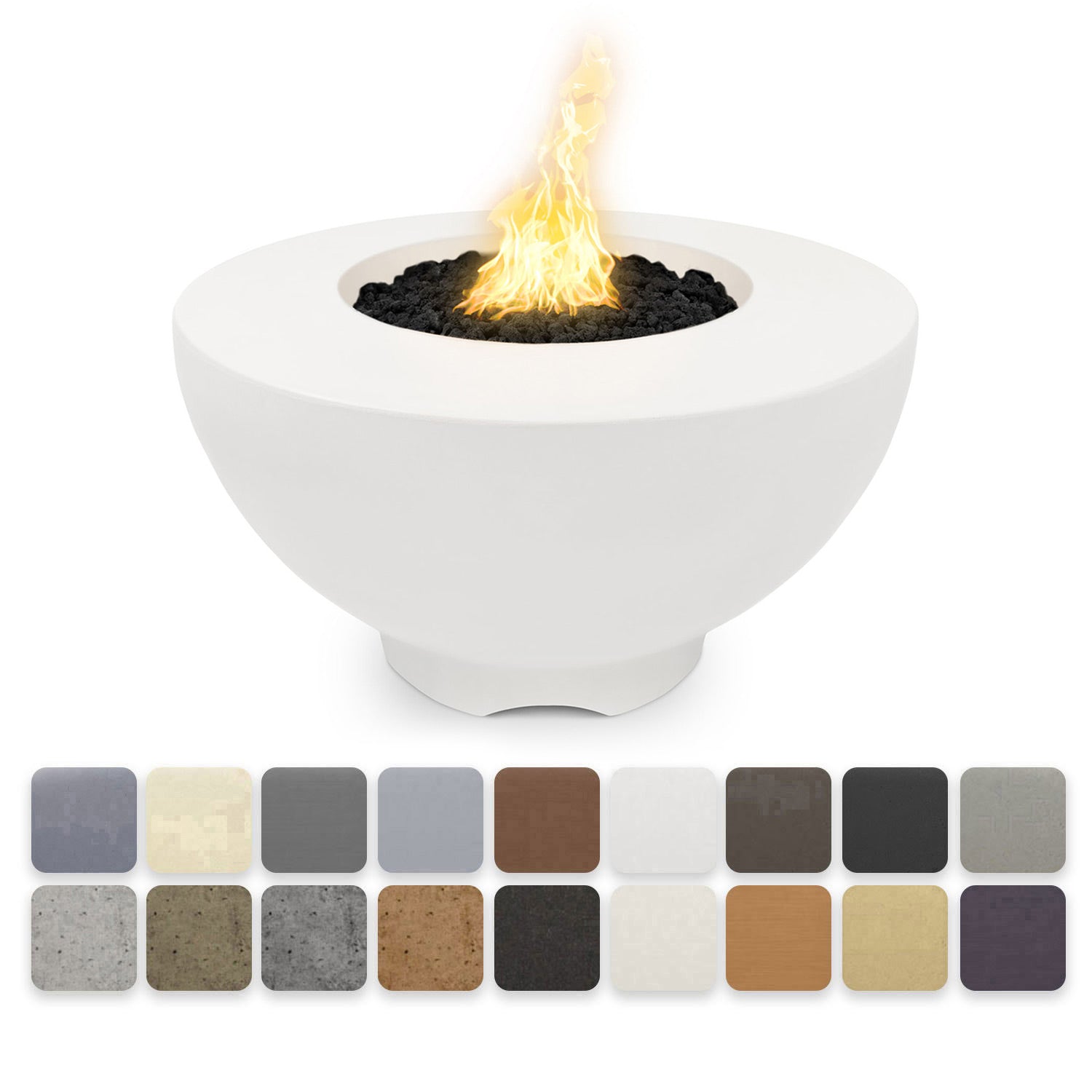 White round concrete gas fire pit with central flame and dark fire bed