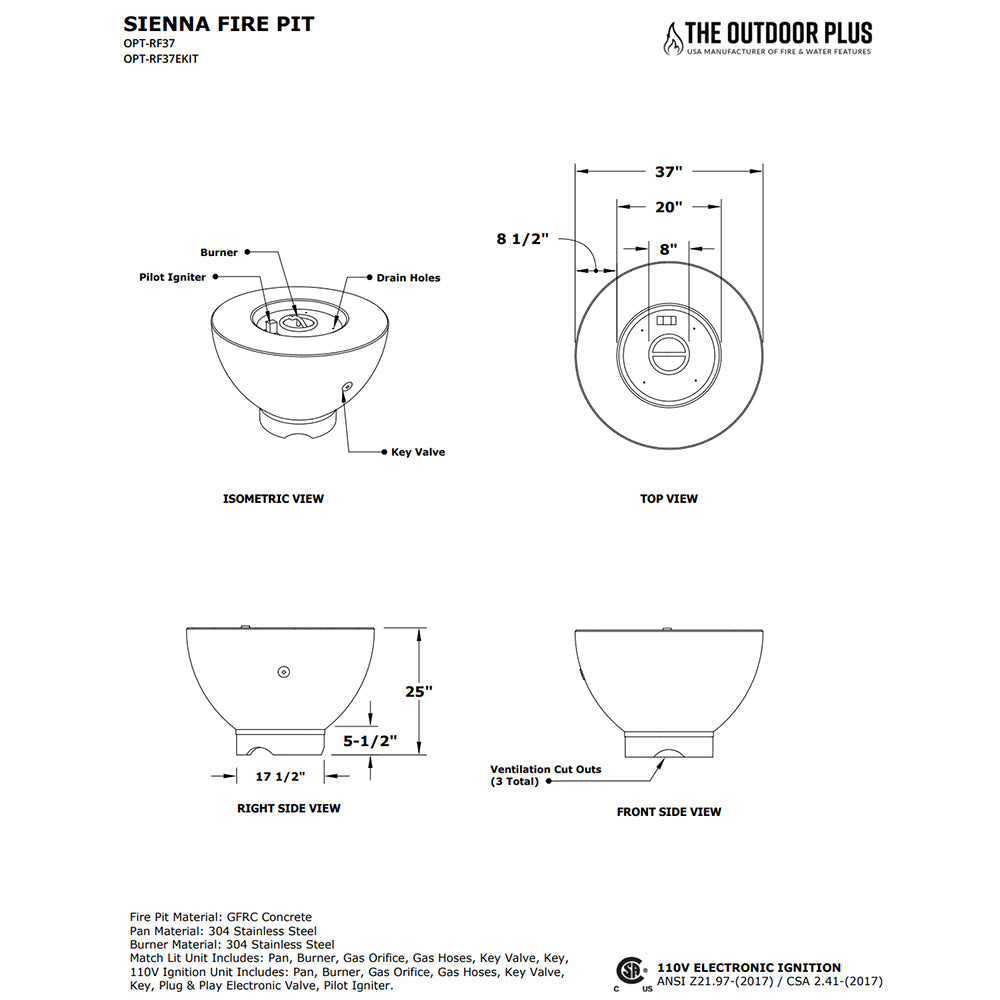 Sienna 37-inch round concrete gas fire pit diagram with dimensions and key valve