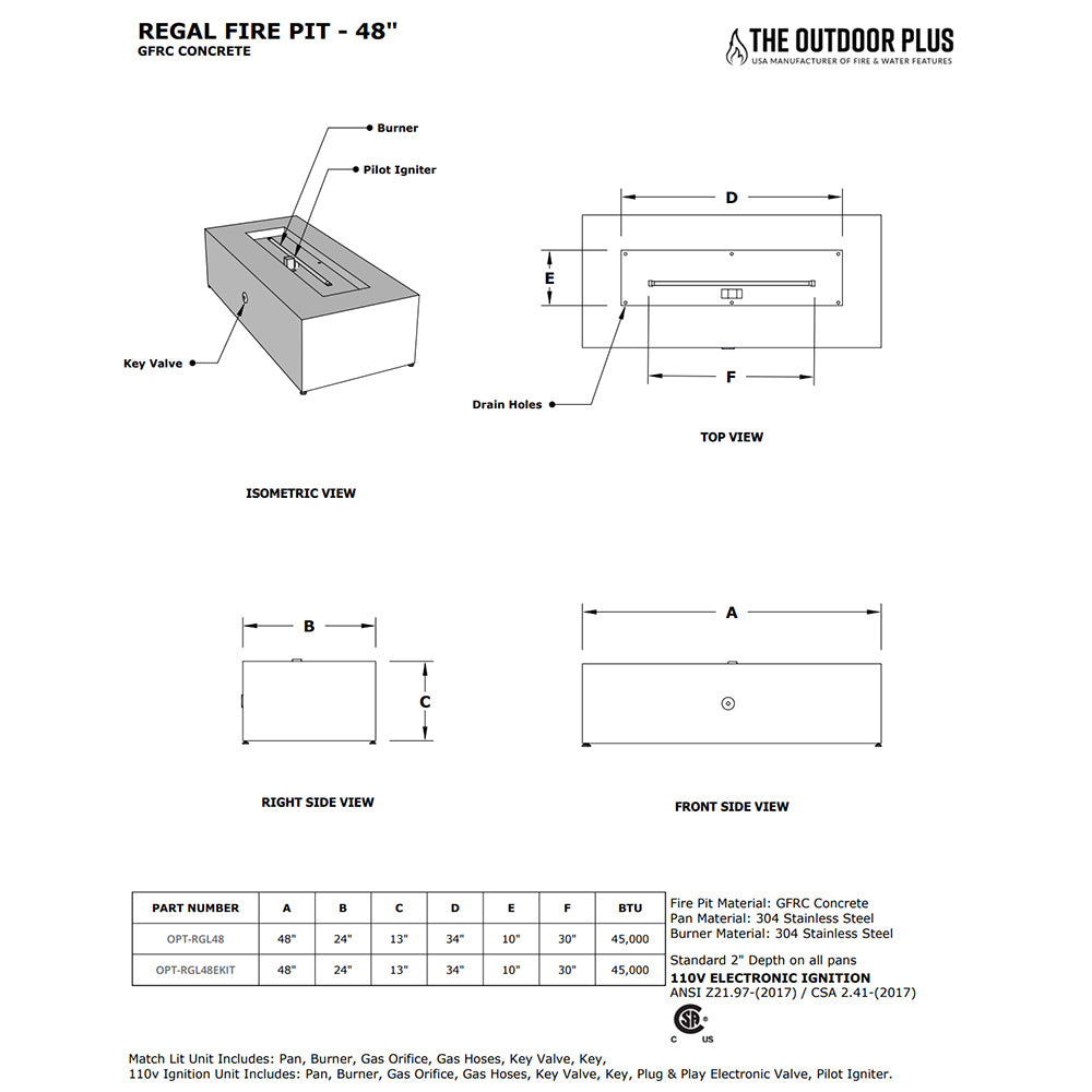 Concrete gas fire pit technical diagram with dimensions and burner parts