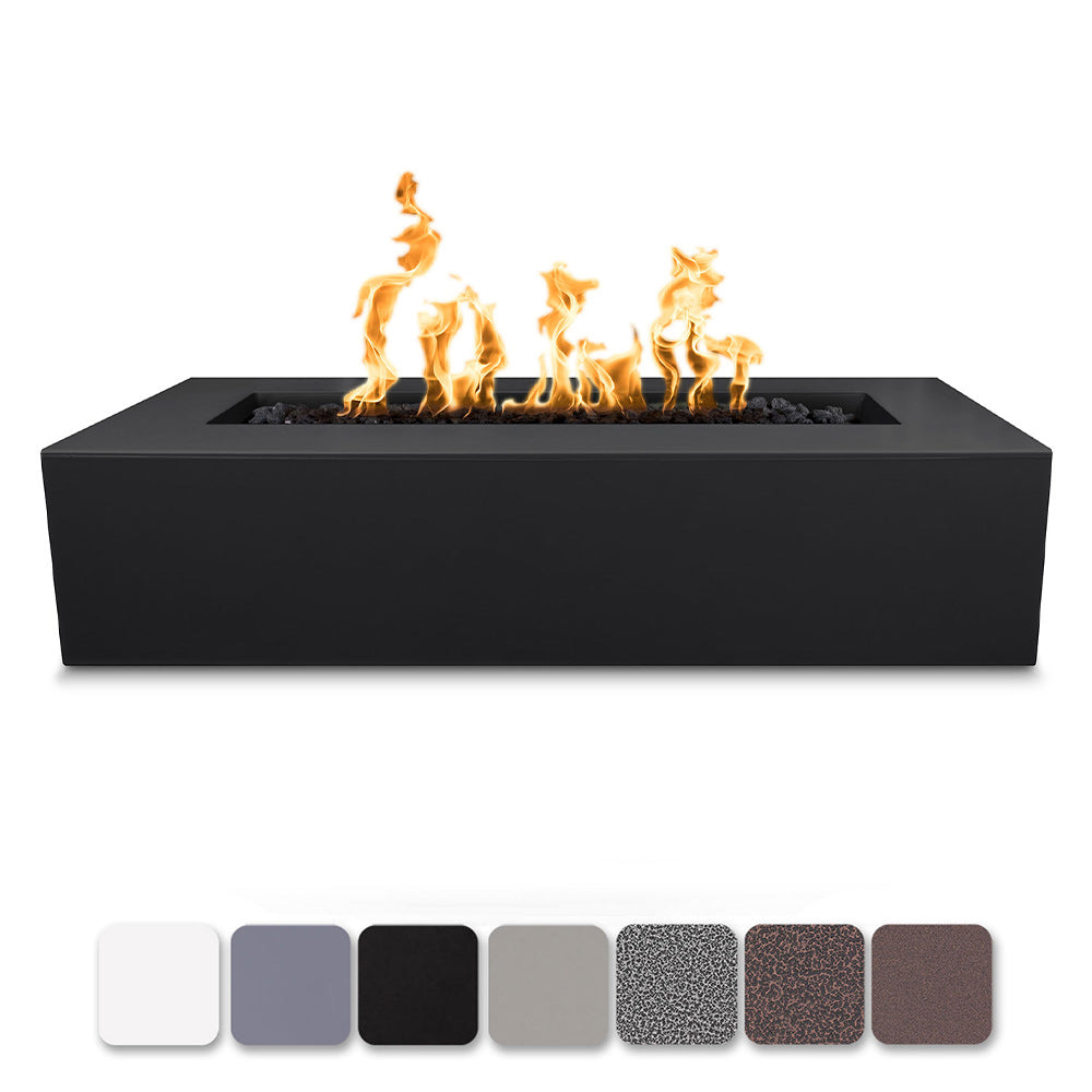 Black linear gas fire pit with powder-coated steel body and visible flames