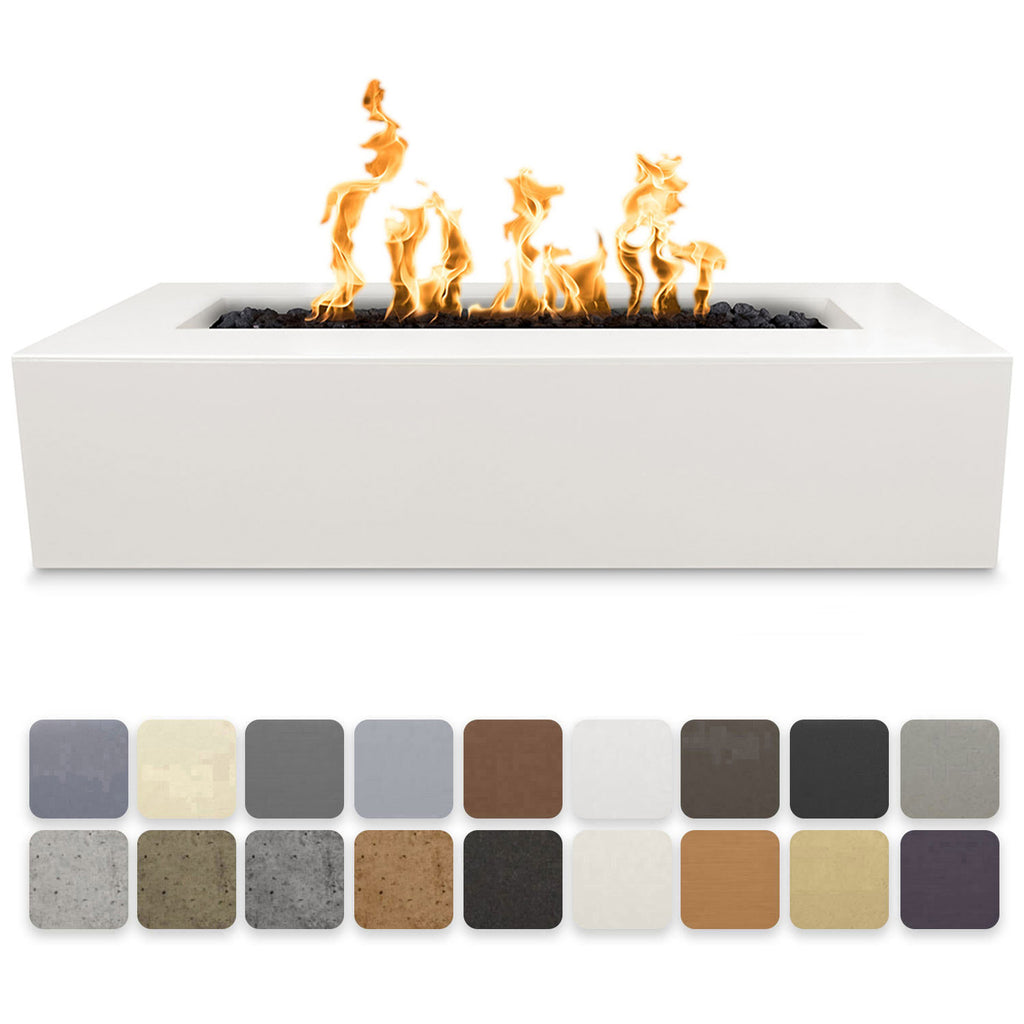 White linear concrete gas fire pit with visible burner flames