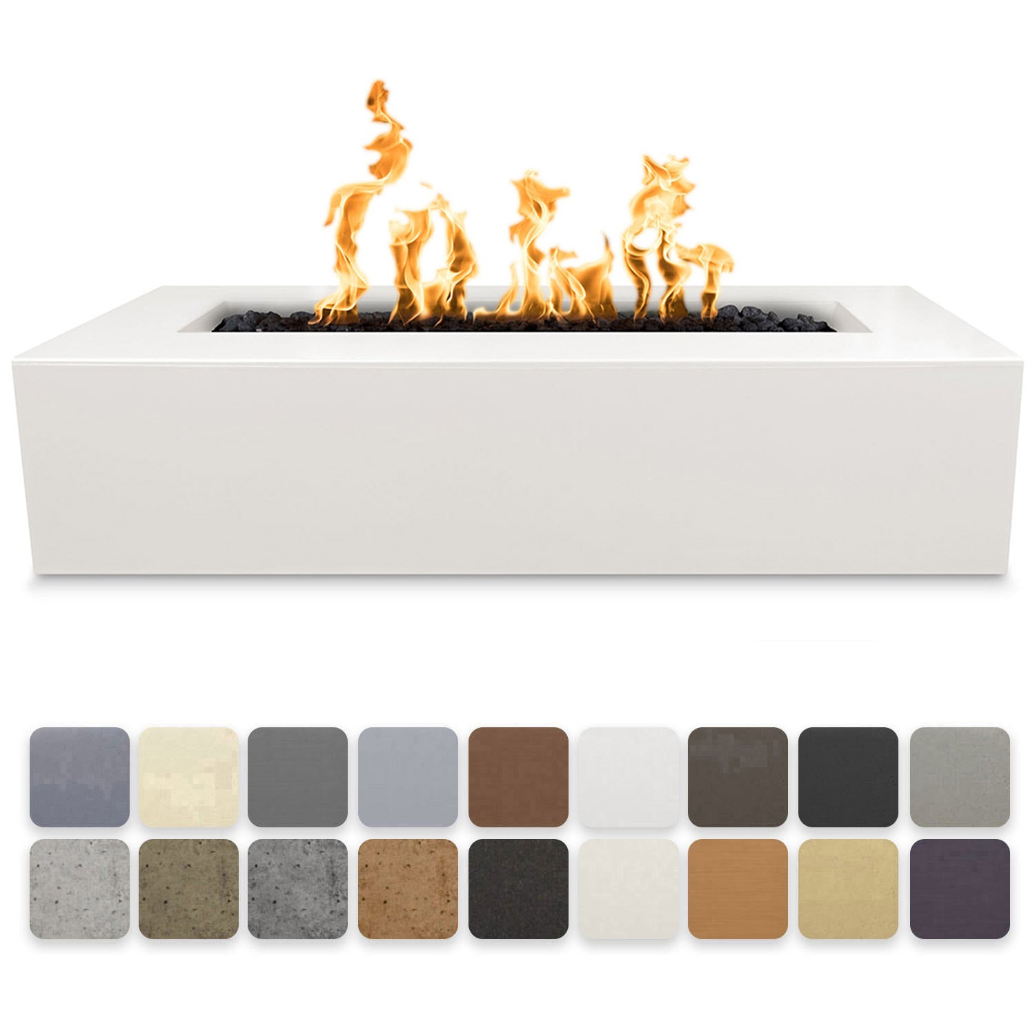 White linear concrete gas fire pit with visible burner flames