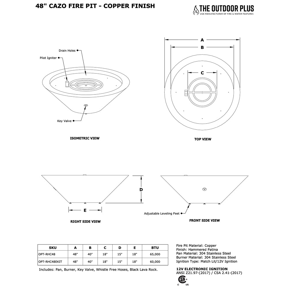Round copper gas fire pit technical diagram with top and side views