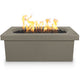 Ash linear concrete gas fire pit with flames above black fire media