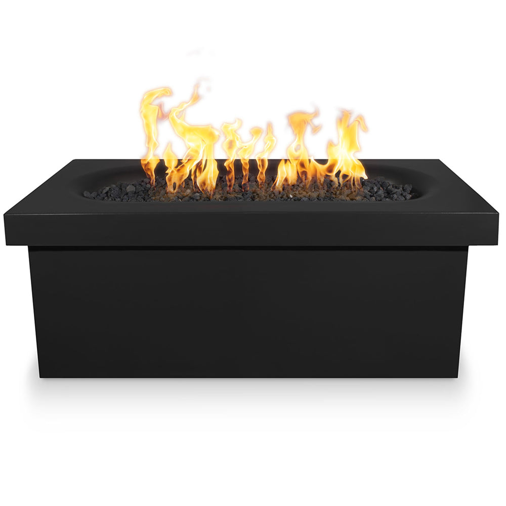 Black linear concrete gas fire pit with flames above black fire media