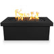 Black linear concrete gas fire pit with flames above black fire media