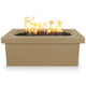 Tan linear concrete gas fire pit with flames and black fire media