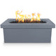 Gray linear concrete gas fire pit with flames above black fire media