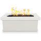 White linear concrete gas fire pit with flames and black fire media