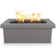 Light gray linear concrete gas fire pit with flames above black fire media