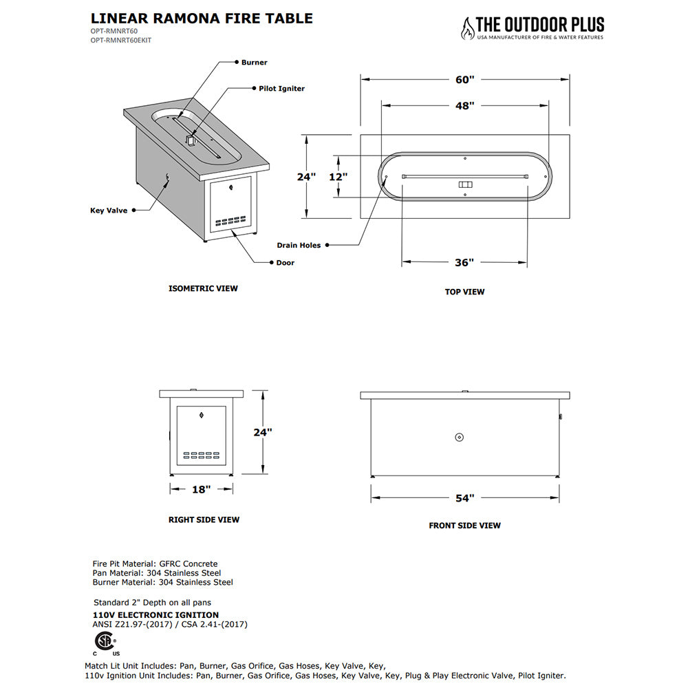 Linear Ramona fire table diagram showing burner, ignition, and side dimensions