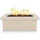 Light beige linear concrete gas fire pit with flames and black fire media