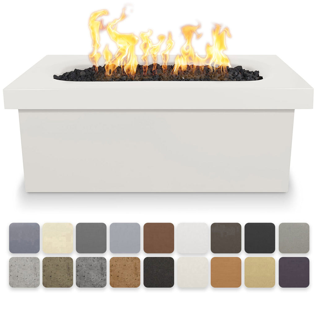 Linear concrete gas fire pit finish color swatches with flame and black, gray tones