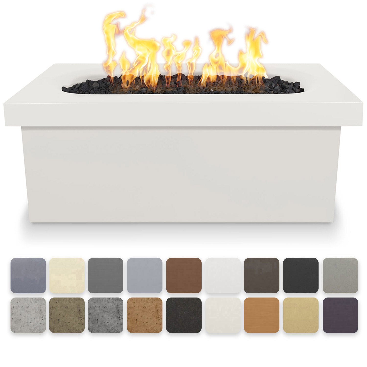 Linear concrete gas fire pit finish color swatches with flame and black, gray tones