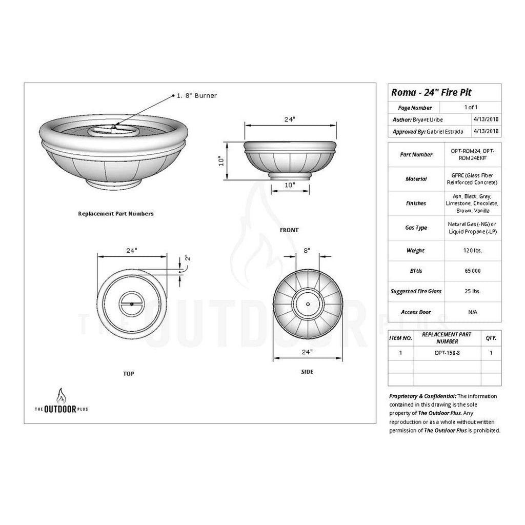 Dimensional diagram for round concrete gas fire bowl, with front and side measurements