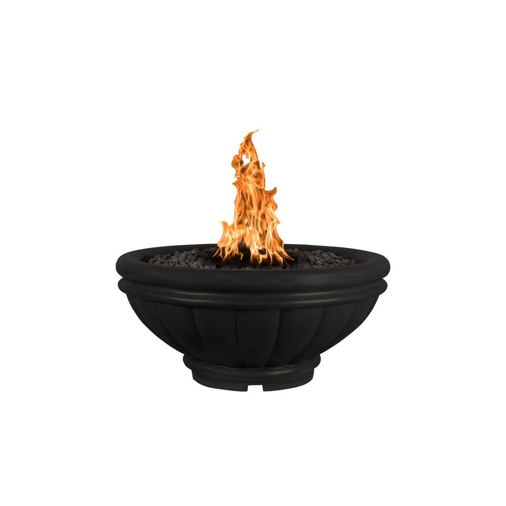 Black round concrete gas fire bowl with flame rising from dark burner media