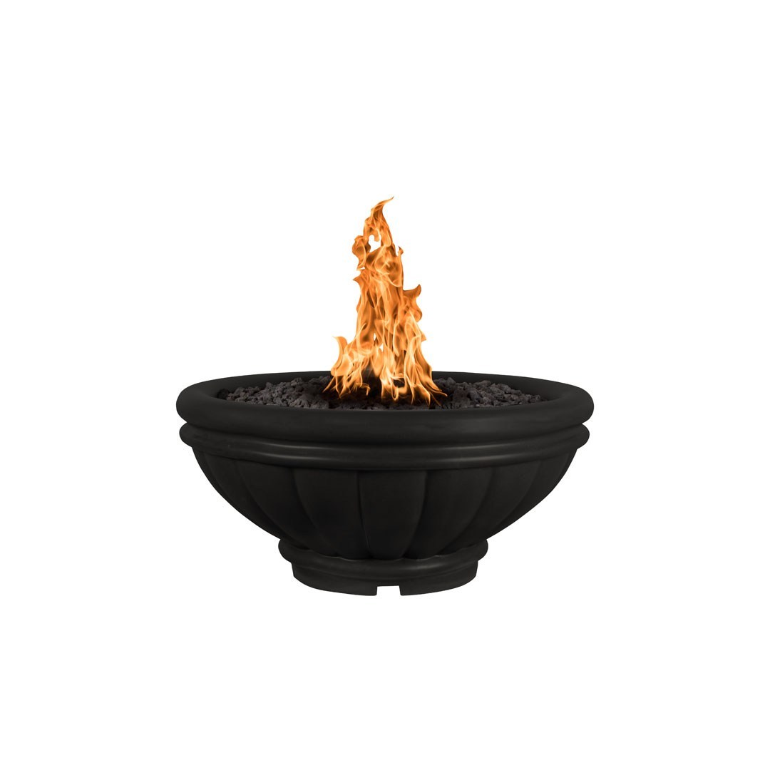 Black round concrete gas fire bowl with flame rising from dark burner media