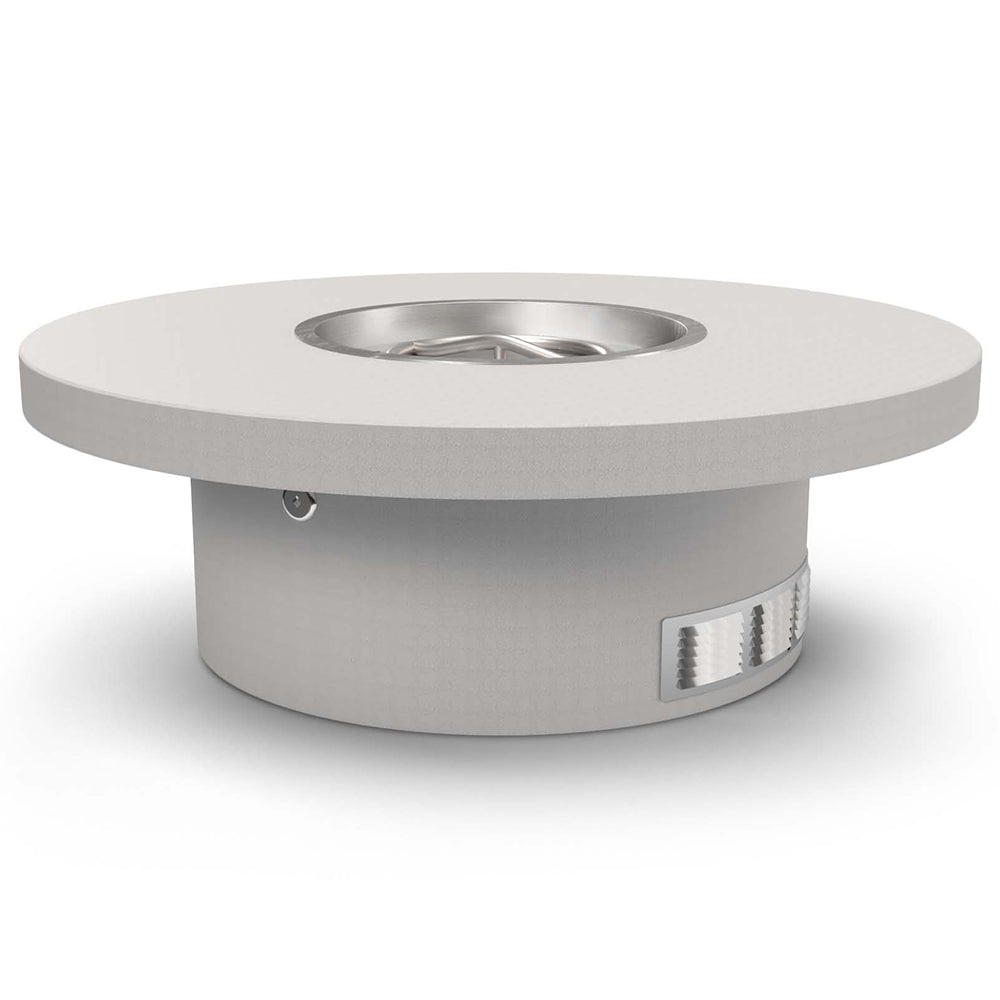Round fire pit table kit with central burner, light gray metal