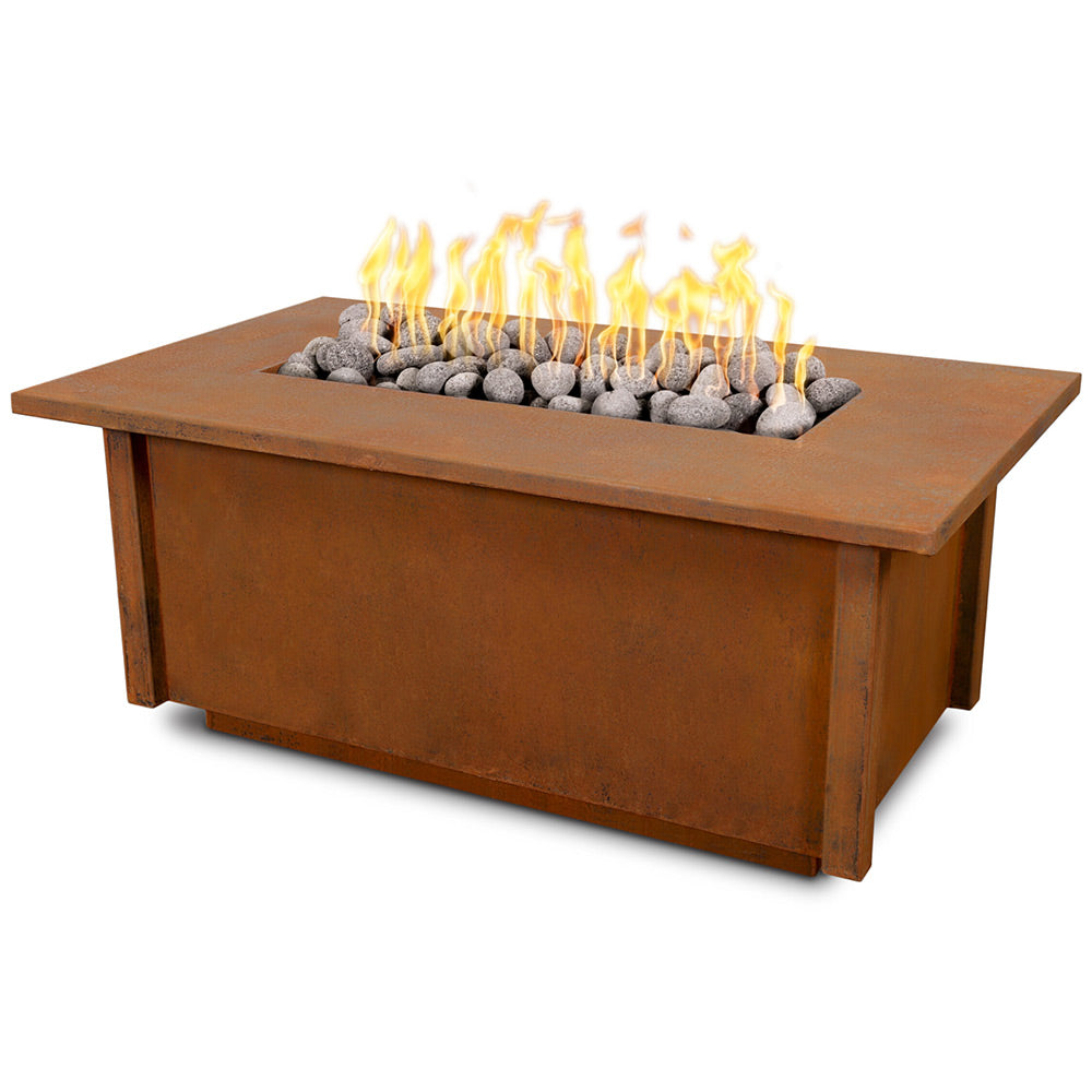 Corten steel gas fire table with glass rocks and burning flames