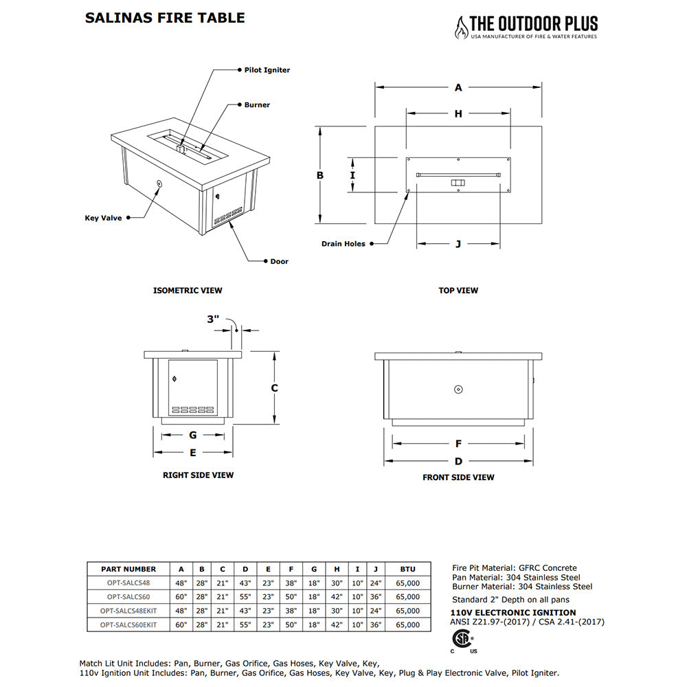 Gas fire table technical diagram with dimensions and components labels