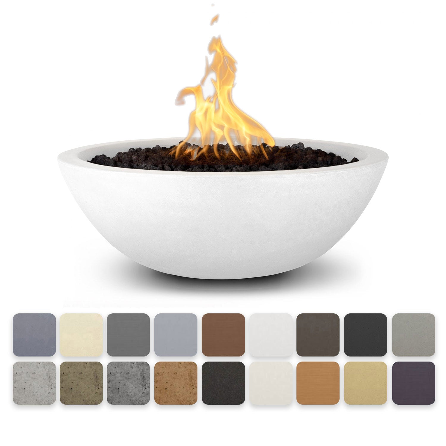 Round concrete gas fire pit, white bowl with flame and dark lava rocks.