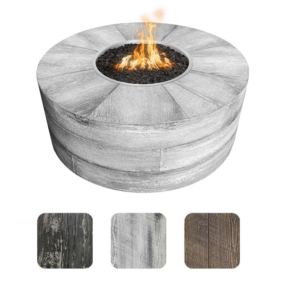 Round wood-grain concrete gas fire pit top with flame and circular burner opening, light gray.
