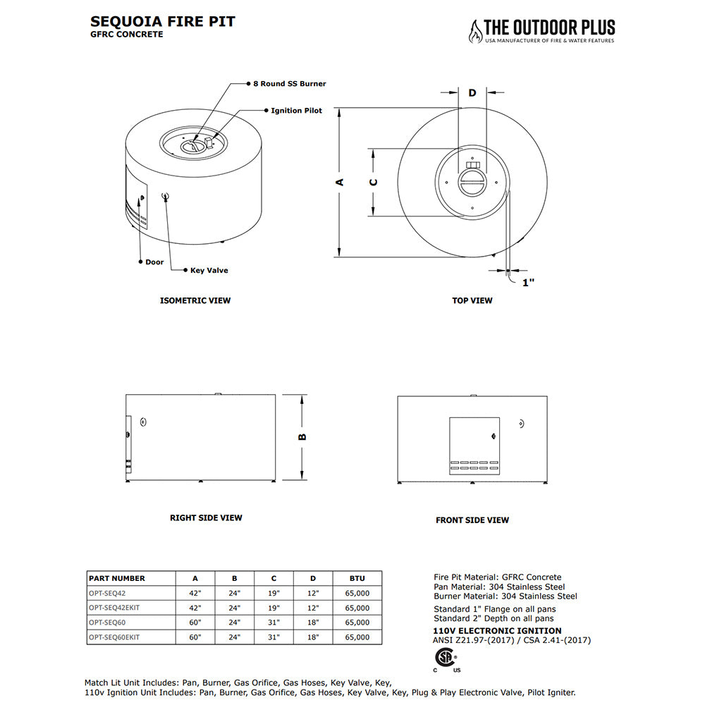 Sequoia round gas fire pit diagram with burner, ignition pilot, key valve, and dimensions.