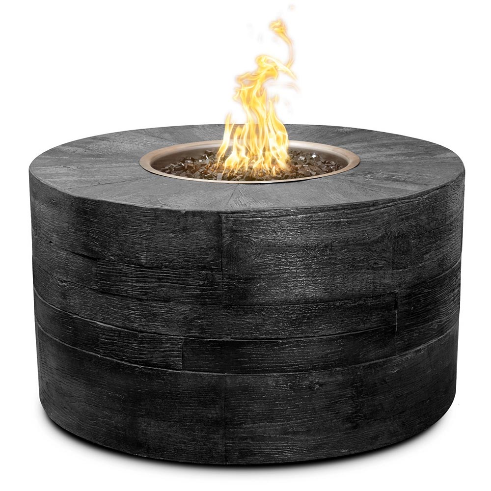 Round wood-grain concrete gas fire pit with flame rising from circular burner opening, dark gray.