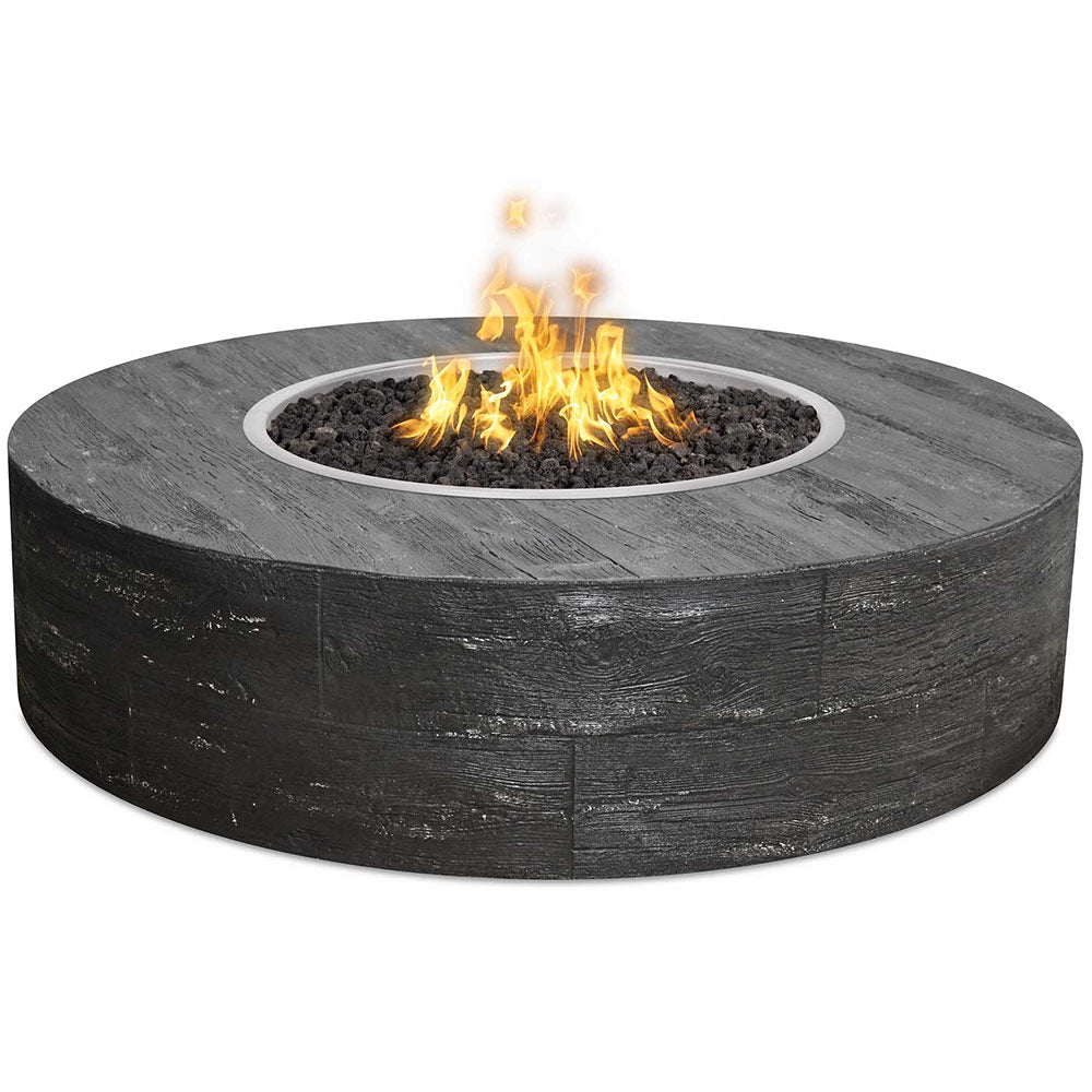 Round concrete gas fire pit with dark wood-grain finish and visible burning flames
