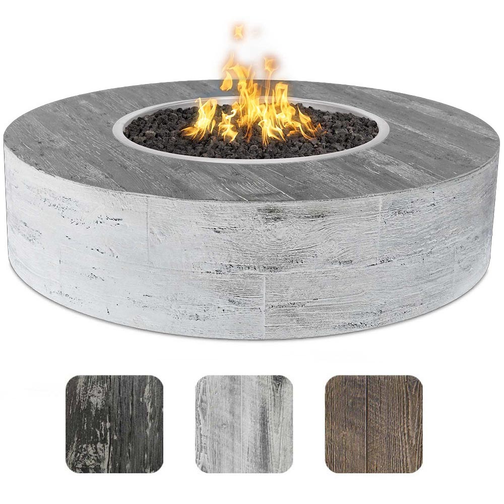 Round concrete gas fire pit with wood-grain finish, burning flames in circular burner