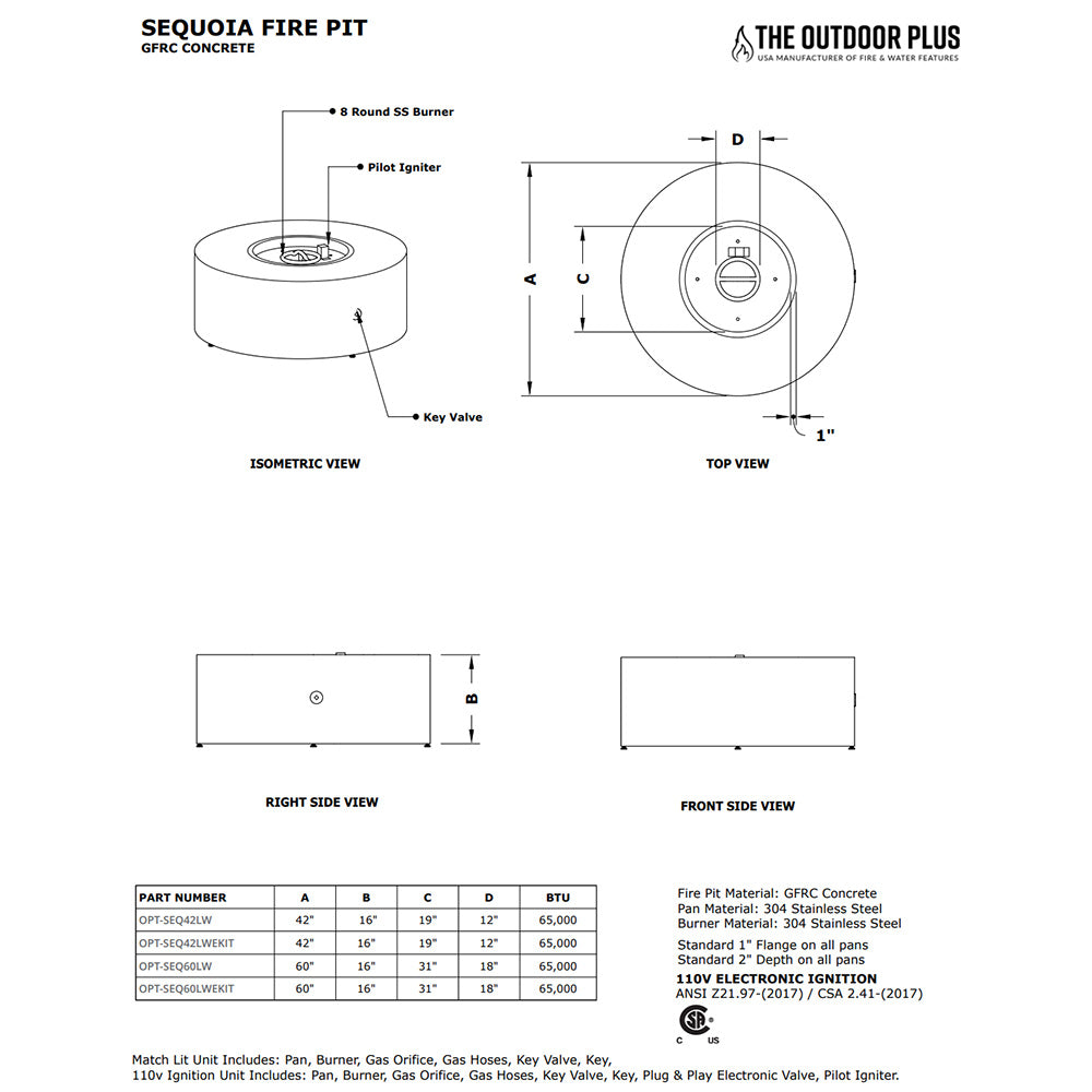Technical diagram of round concrete gas fire pit with burner and key valve views