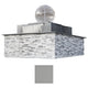 Outdoor gas fire and water bowl with gray stone facade and curved silver dome cap