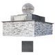 Outdoor gas fire and water bowl with gray stone wrap and silver dome finial