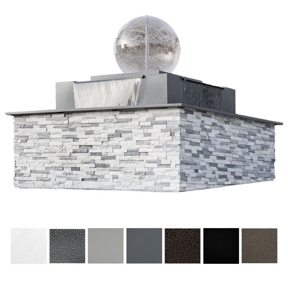 Gray stone-texture square gas fire & water bowl with round silver sphere centerpiece