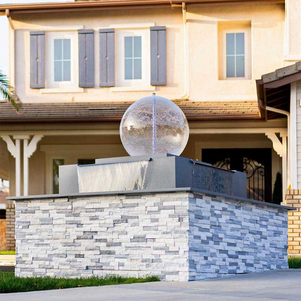 Gray stone-texture square fire & water bowl with round silver sphere on top
