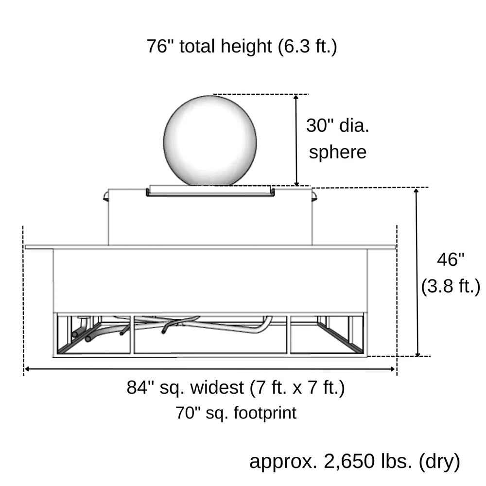 Dimension diagram of an outdoor square gas fire and water bowl with round sphere