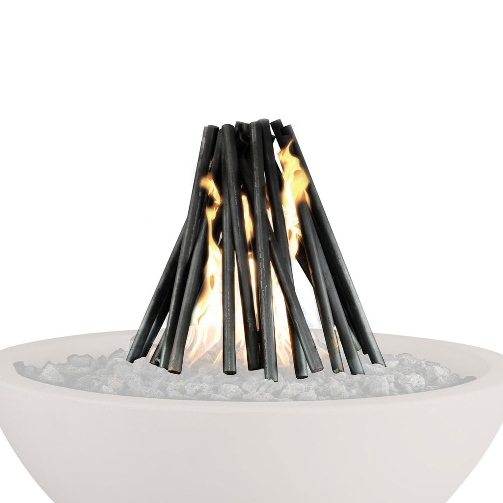 Steel fire pit logs with small flames in gray burner base