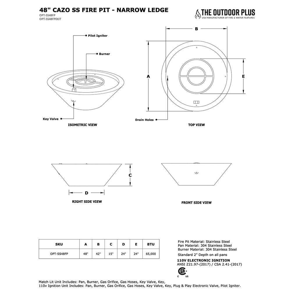 Technical diagram of round stainless steel gas fire pit, top and side views