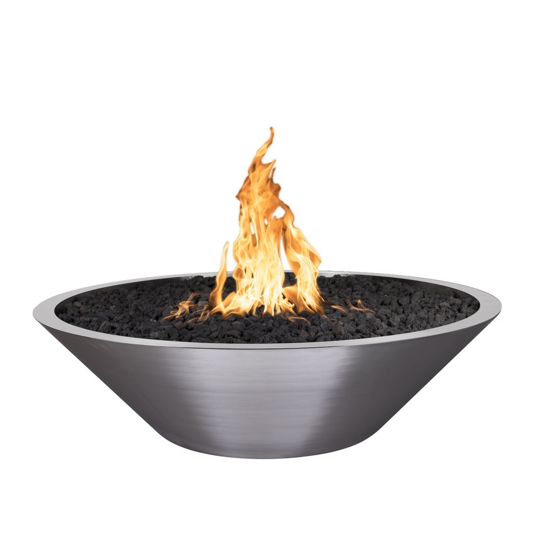 Round stainless steel gas fire pit with open flame in dark burner bowl