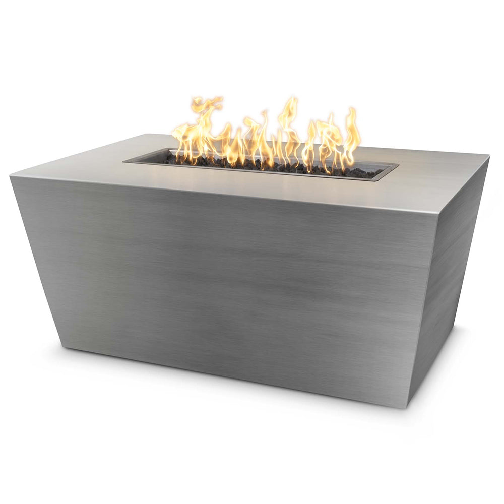 Linear stainless steel gas fire pit with visible flames in rectangular burner