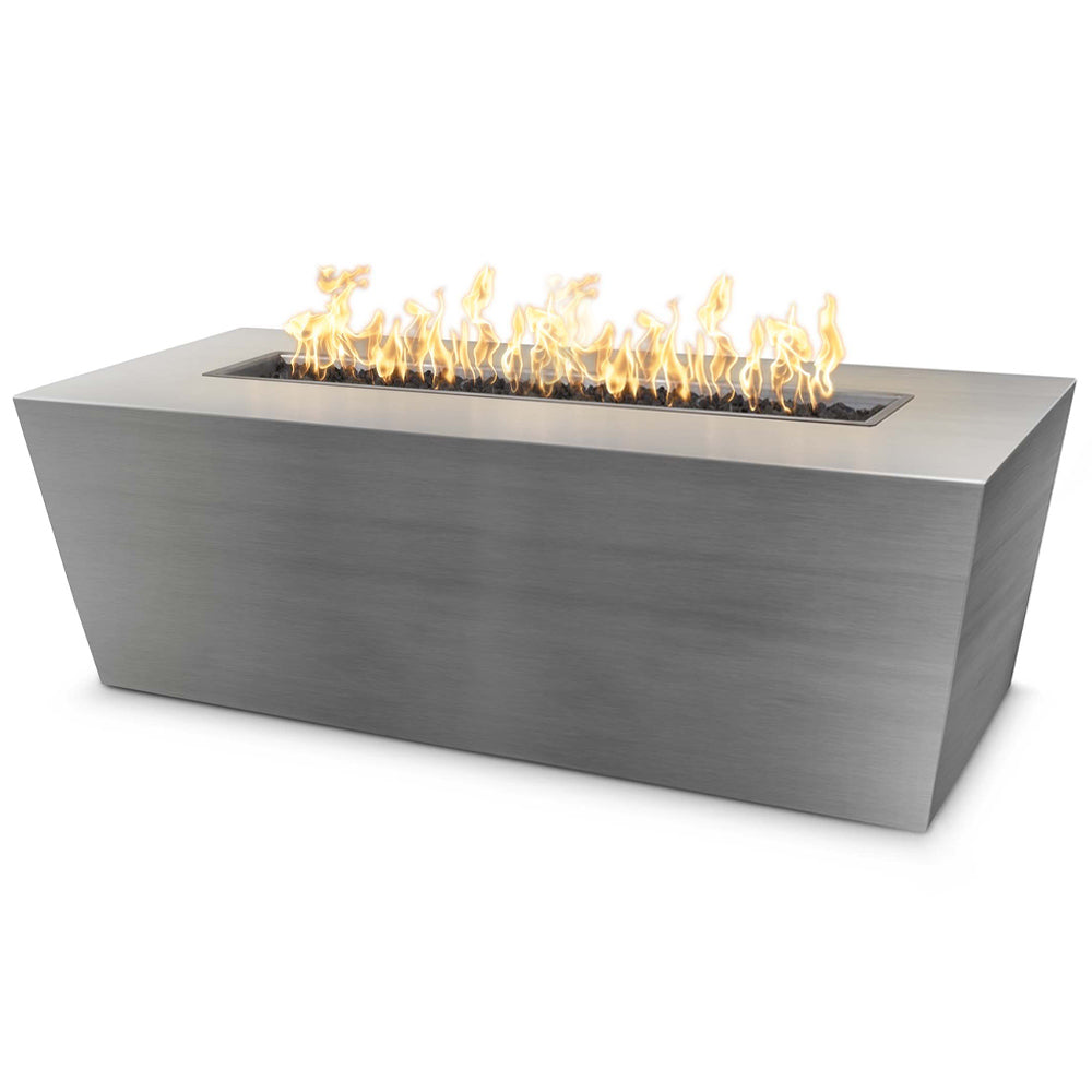 Rectangular linear stainless steel gas fire pit with flames in the center opening
