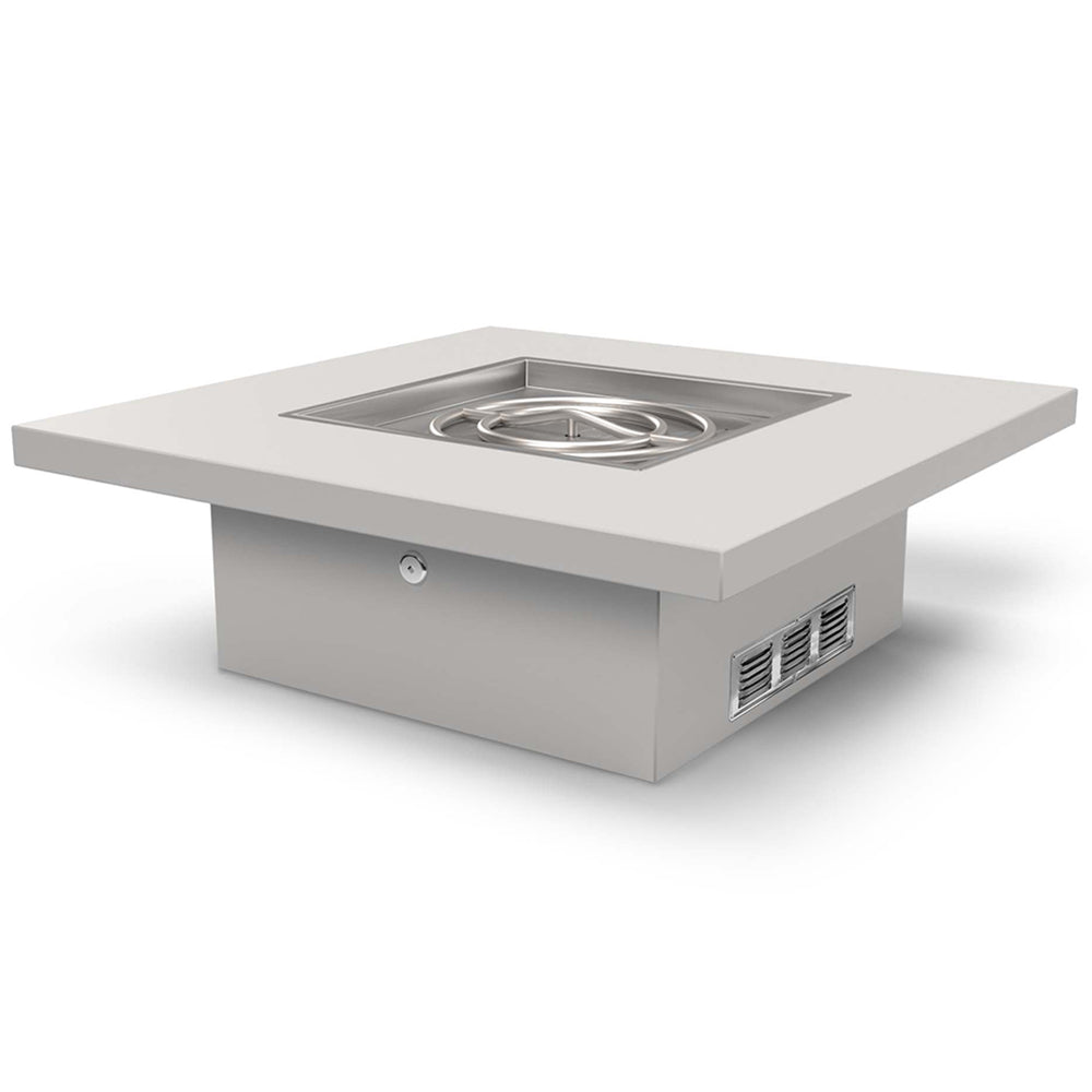 Square metal fire pit table kit with recessed burner opening and side vents