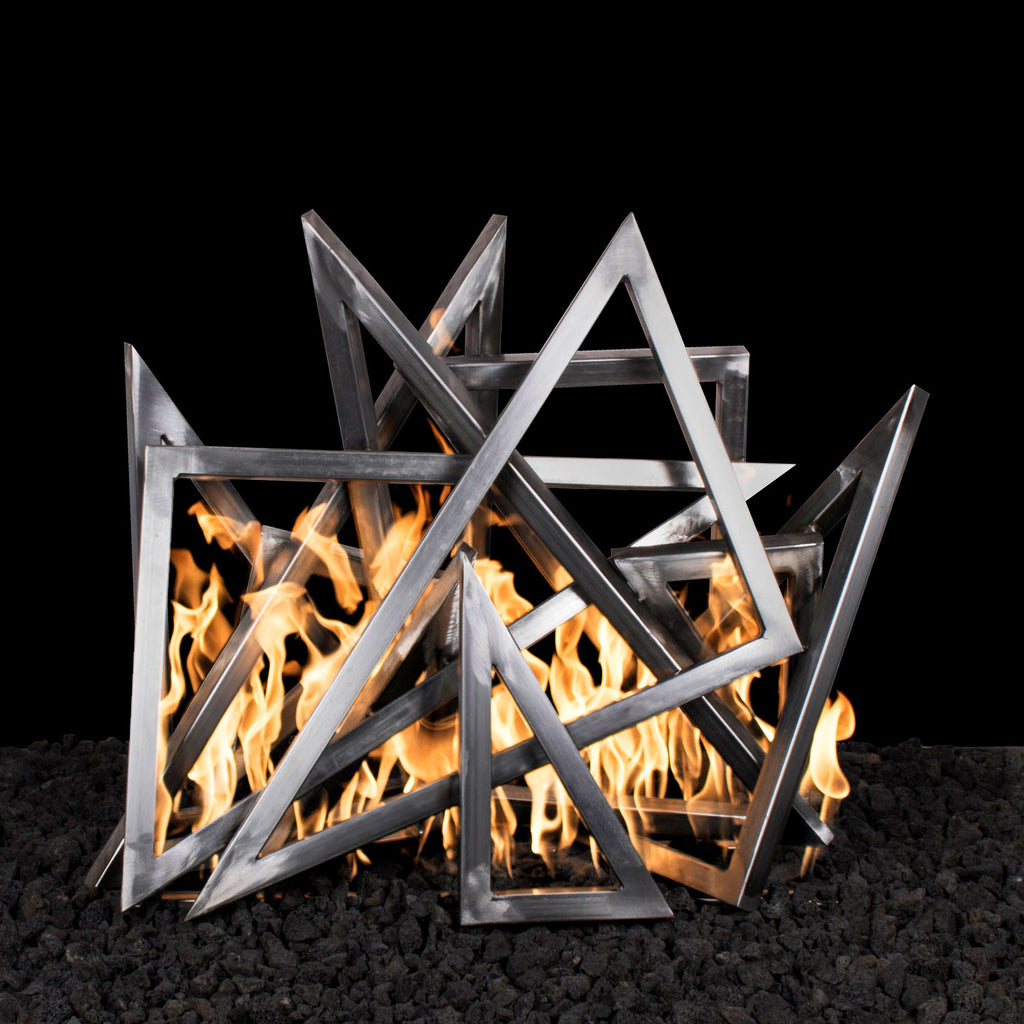 Stainless steel triangle sculpture with interlocking frames, open center with visible flames