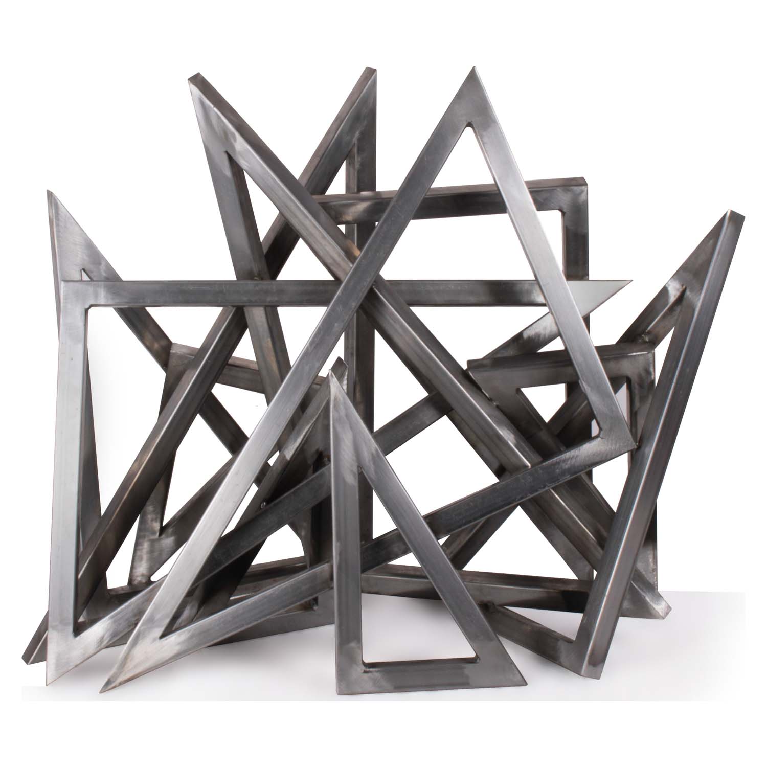 Stainless steel triangle sculpture with interlocking open frames, brushed metallic finish
