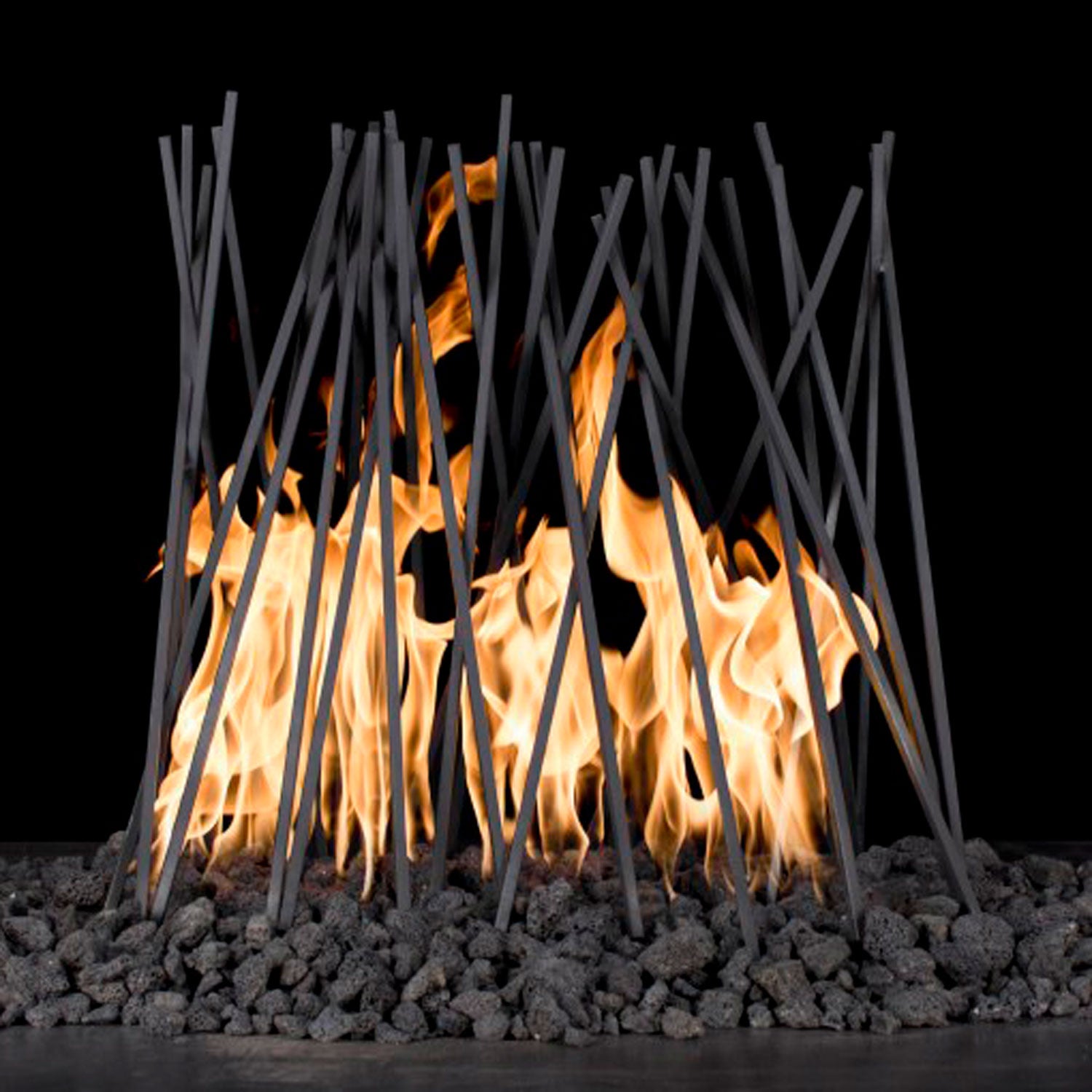 Milled steel fire twigs with flames burning between crisscross vertical rods