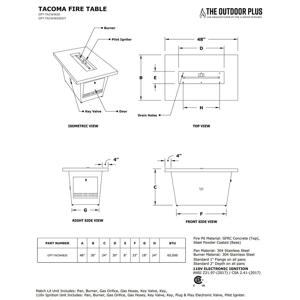 TOP Fires by The Outdoor Plus Tacoma 48-Inch Linear Wood Grain Concrete and Steel Gas Fire Pit