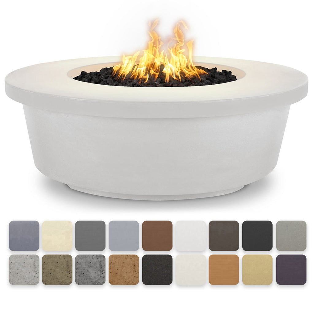 Round concrete gas fire pit with open flame and black burner insert