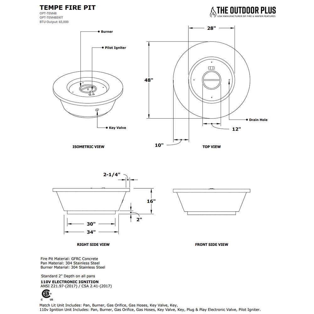 Tempe gas fire pit technical diagram with burner, key valve, and dimensions