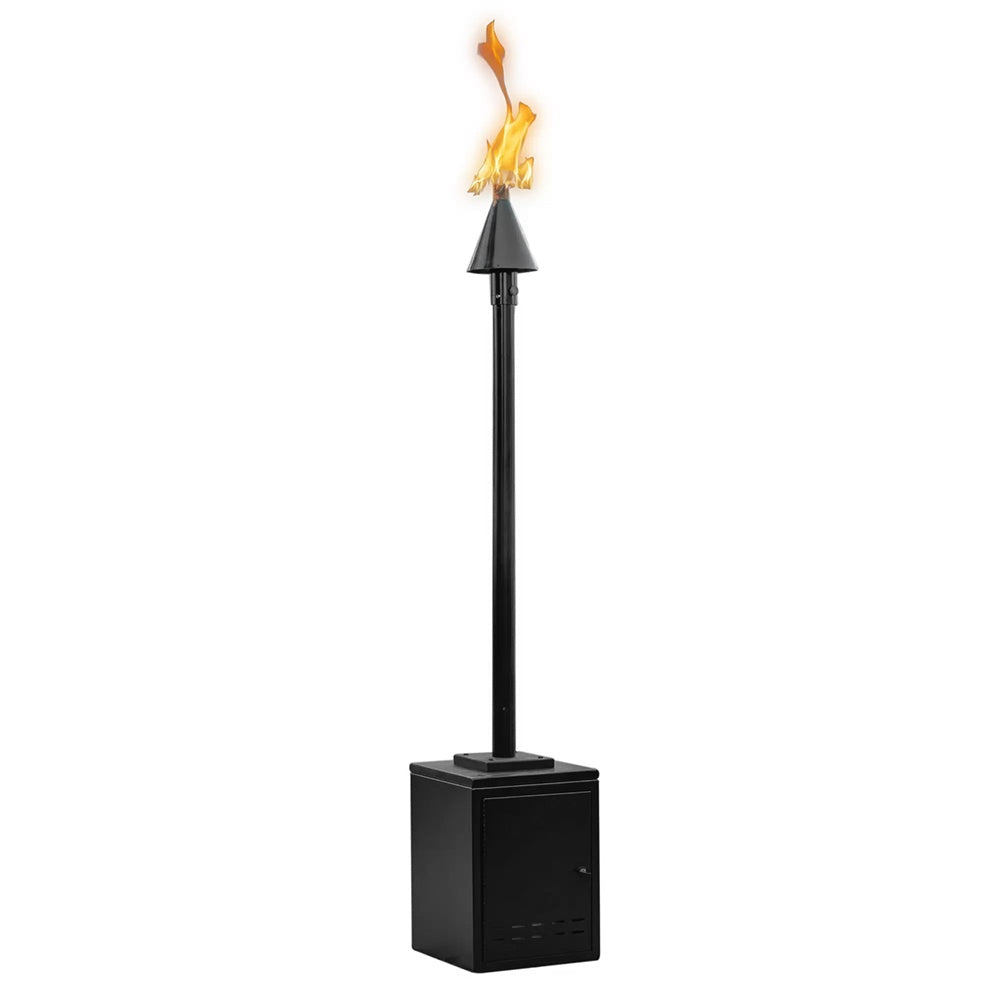 Outdoor cone torch with flaming burner and black square base